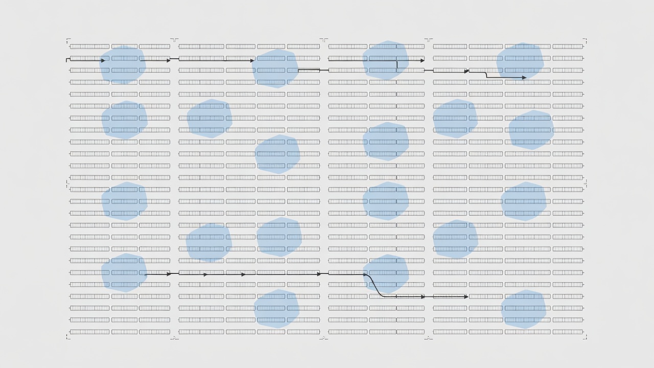 Vector diagram of a planned drone survey with overlapping image footprints and numbered solar rows