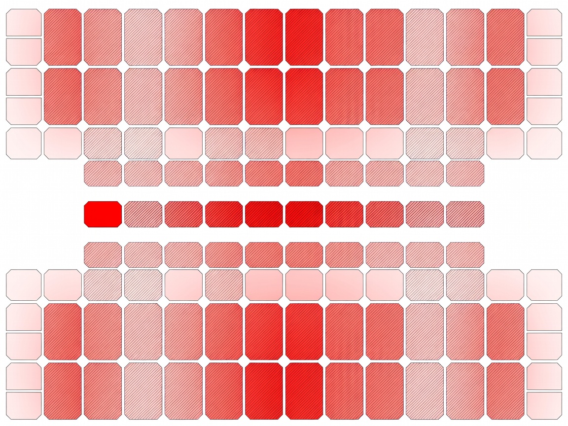 Schematic thermal diagram using pale-to-deep red and hatching to label a local warm cell, substring pattern and reflected object