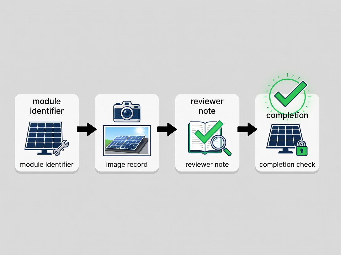 Vector maintenance desk connecting an inspected solar module to a reviewed work order and a post-work verification record