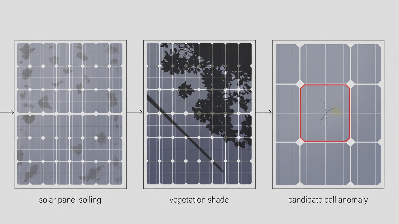 Vector evidence board comparing solar panel soiling, vegetation shade and a candidate cell anomaly